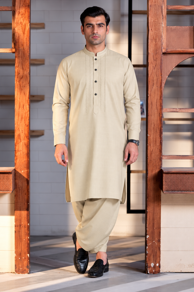 Premium Cream Embroidered Shalwar Kameez for Men | Sherwani Collar Design