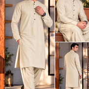 Premium Cream Embroidered Shalwar Kameez for Men | Sherwani Collar Design