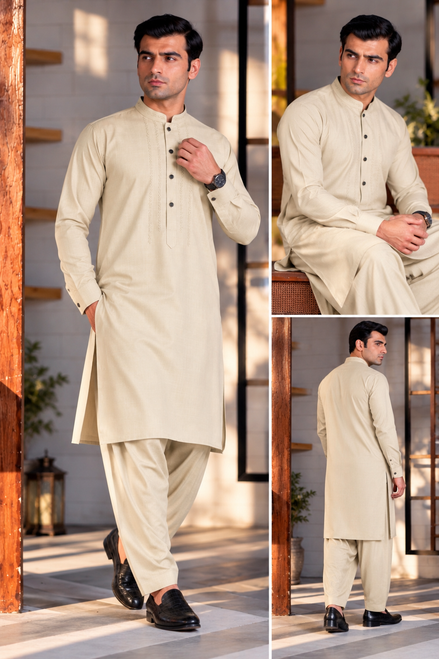 Premium Cream Embroidered Shalwar Kameez for Men | Sherwani Collar Design