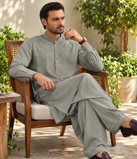 Men’s Sage Green Textured Shalwar Kameez – Premium Traditional Wear