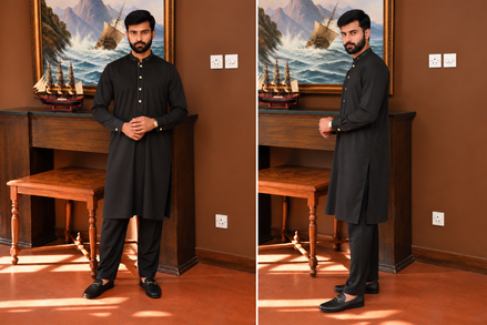 Men’s Black Premium Shalwar Kameez with Gold Buttons – Romano