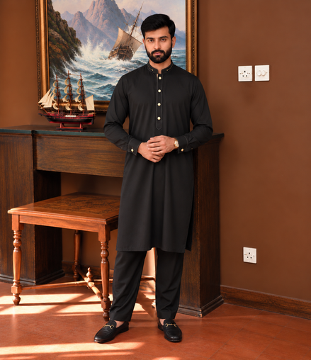 Men’s Black Premium Shalwar Kameez with Gold Buttons – Romano