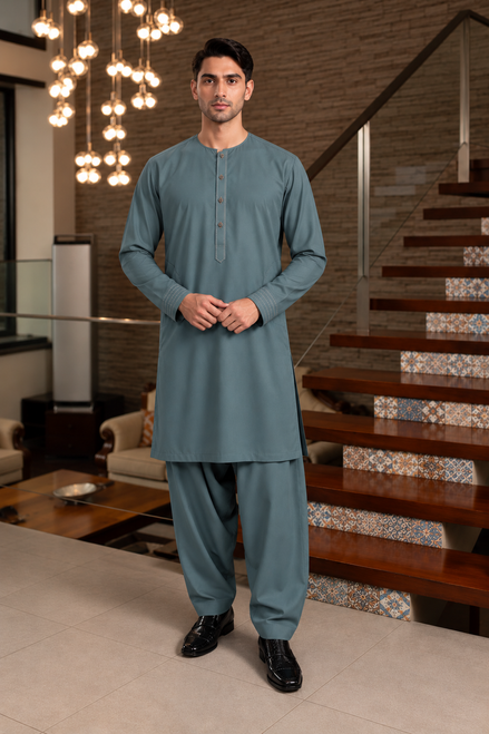Sea Green Men’s Shalwar Kameez – Round Neck