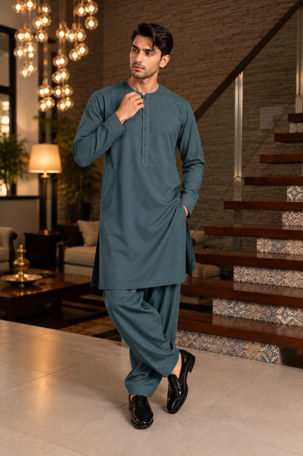 Sea Green Men’s Shalwar Kameez – Round Neck