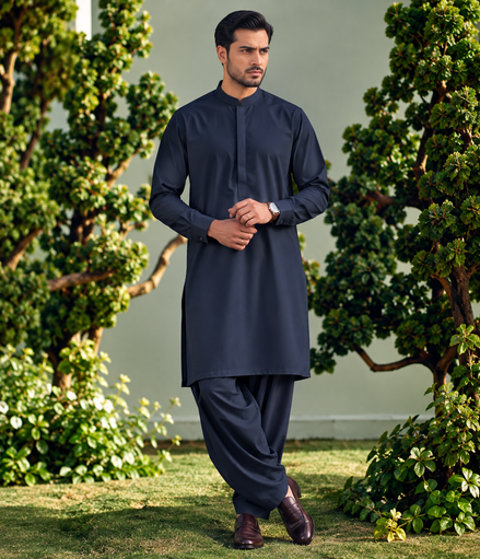 Romano Premium Navy Blue Shalwar Kameez for Men | Elegant Collar & Plain Button Patti