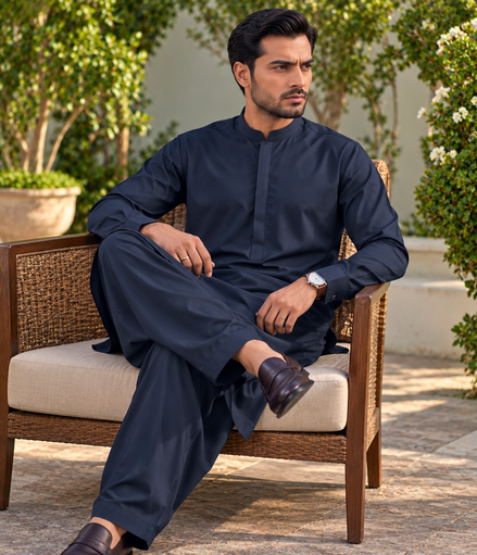 Romano Premium Navy Blue Shalwar Kameez for Men | Elegant Collar & Plain Button Patti