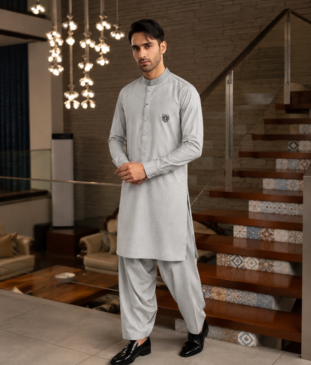 Romano Premium Light Grey Shalwar Kameez for Men | Designer Collar