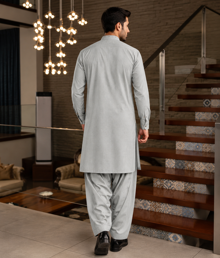 Romano Premium Light Grey Shalwar Kameez for Men | Designer Collar
