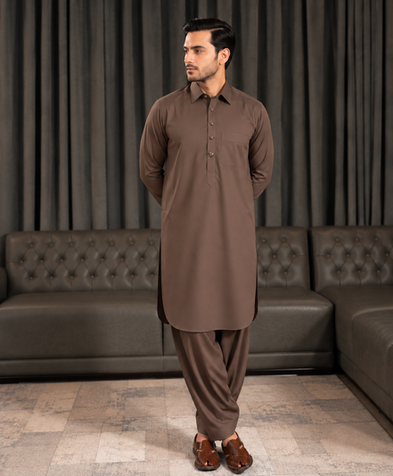 Romano Premium Dark Brown Shalwar Kameez for Men | Stylish Button Patti