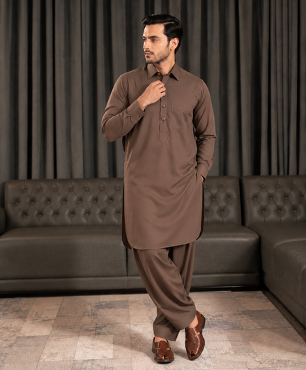 Romano Premium Dark Brown Shalwar Kameez for Men | Stylish Button Patti