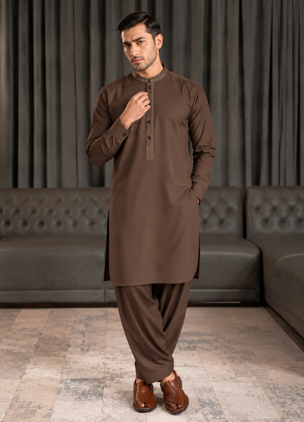 Romano Premium Chocolate Brown Shalwar Kameez for Men | Embroidered Collar