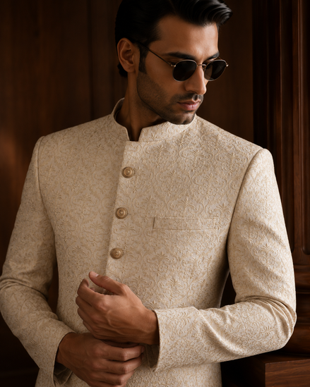 Off White Embroidered Sherwani
