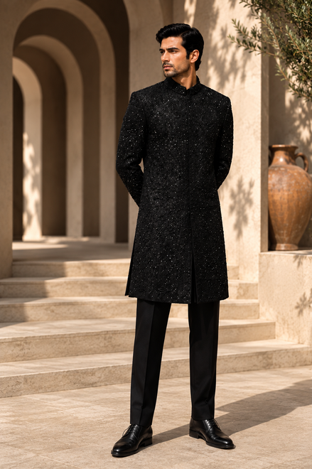 Black Hand Worked Sherwani - Alure