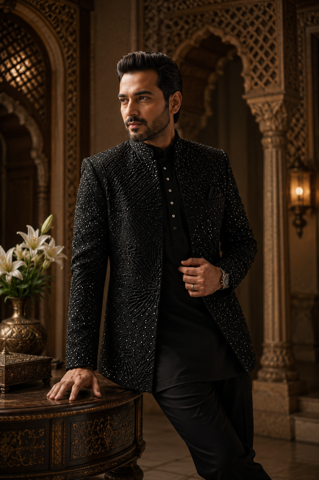 Black Short Hand Worked Sherwani