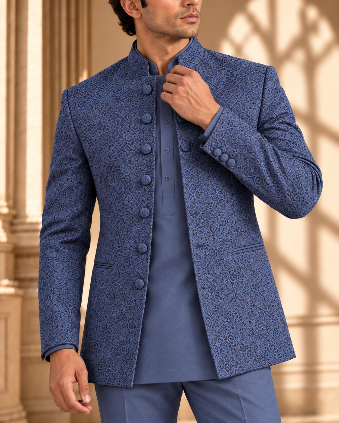 Slate Blue Embroidered Prince Coat