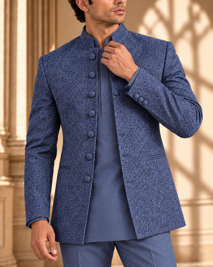 Slate Blue Embroidered Prince Coat