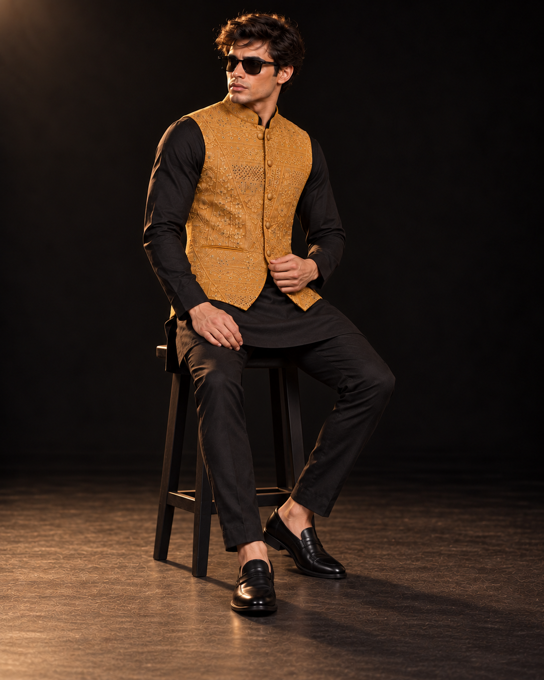 Aurelio Mustard Embroidered Waistcoat