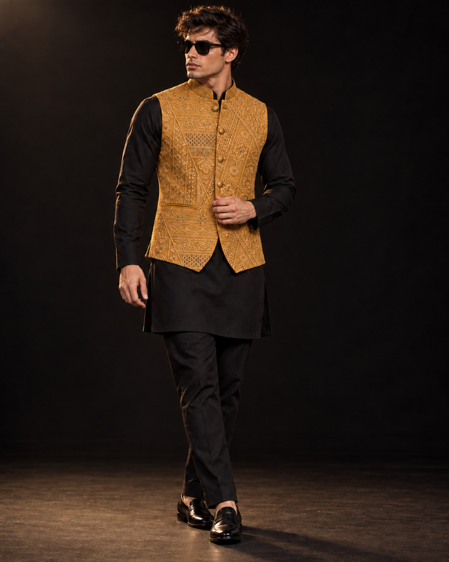 Aurelio Mustard Embroidered Waistcoat
