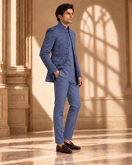 Slate Blue Embroidered Prince Coat
