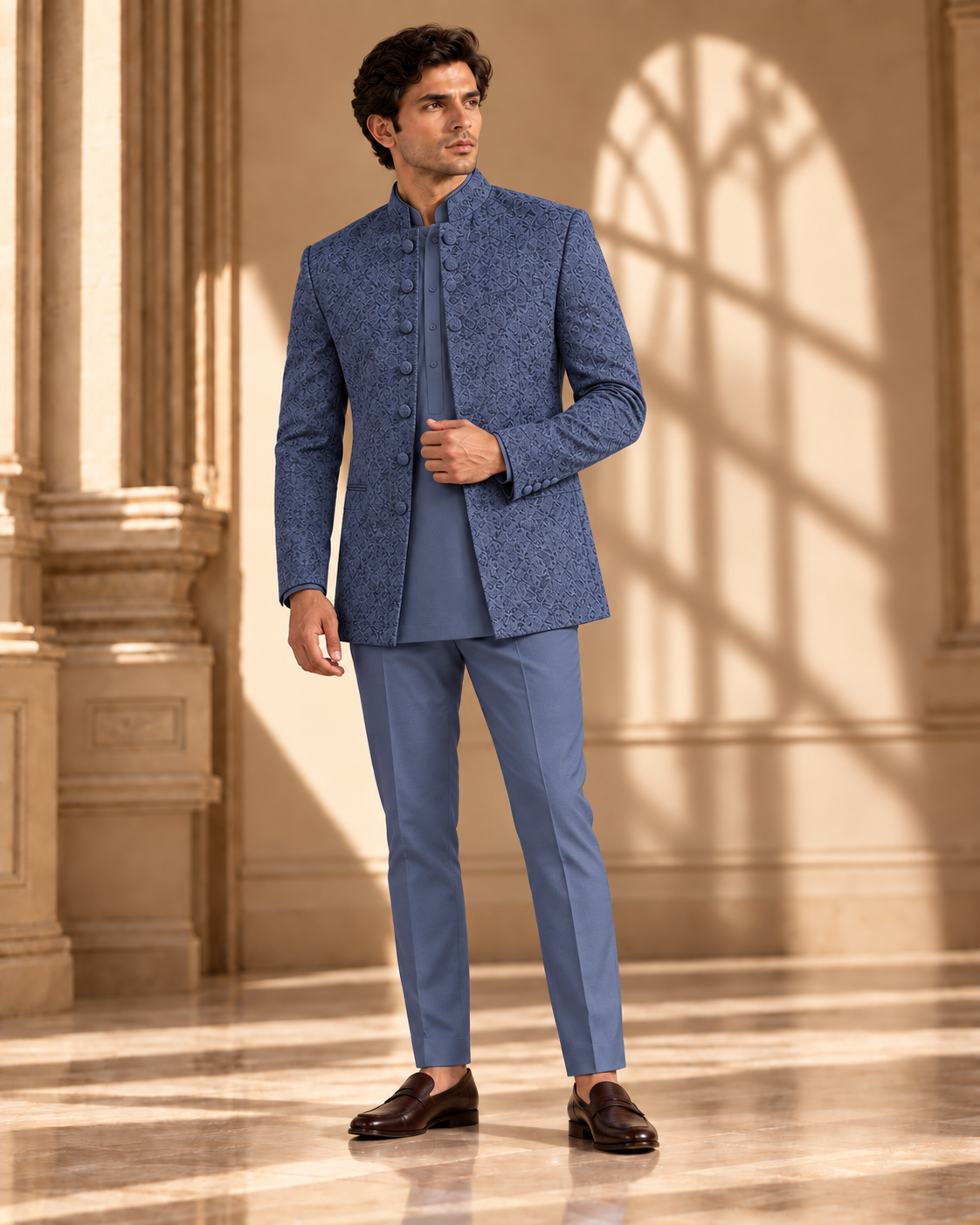 Slate Blue Embroidered Prince Coat