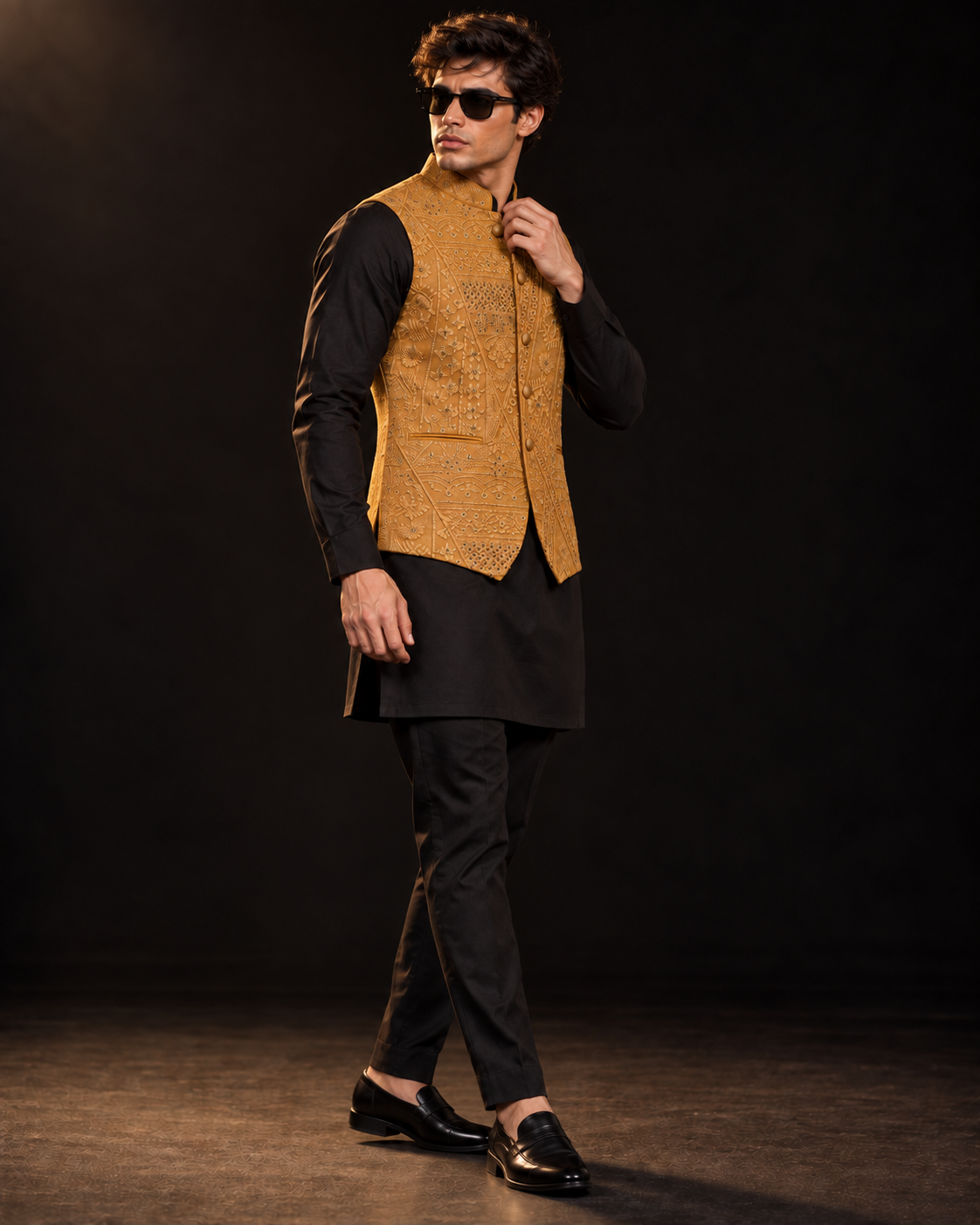 Aurelio Mustard Embroidered Waistcoat