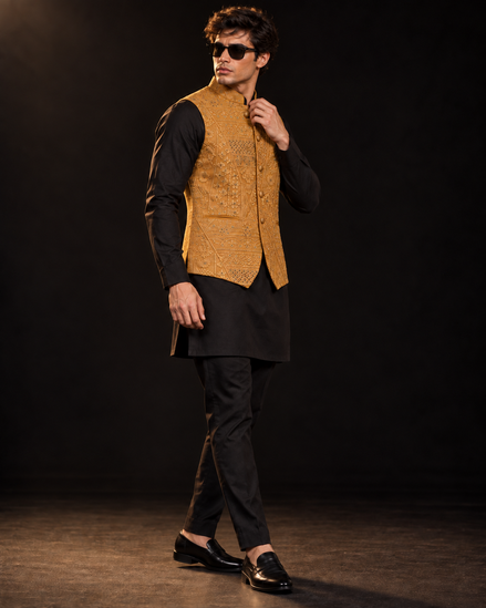 Aurelio Mustard Embroidered Waistcoat